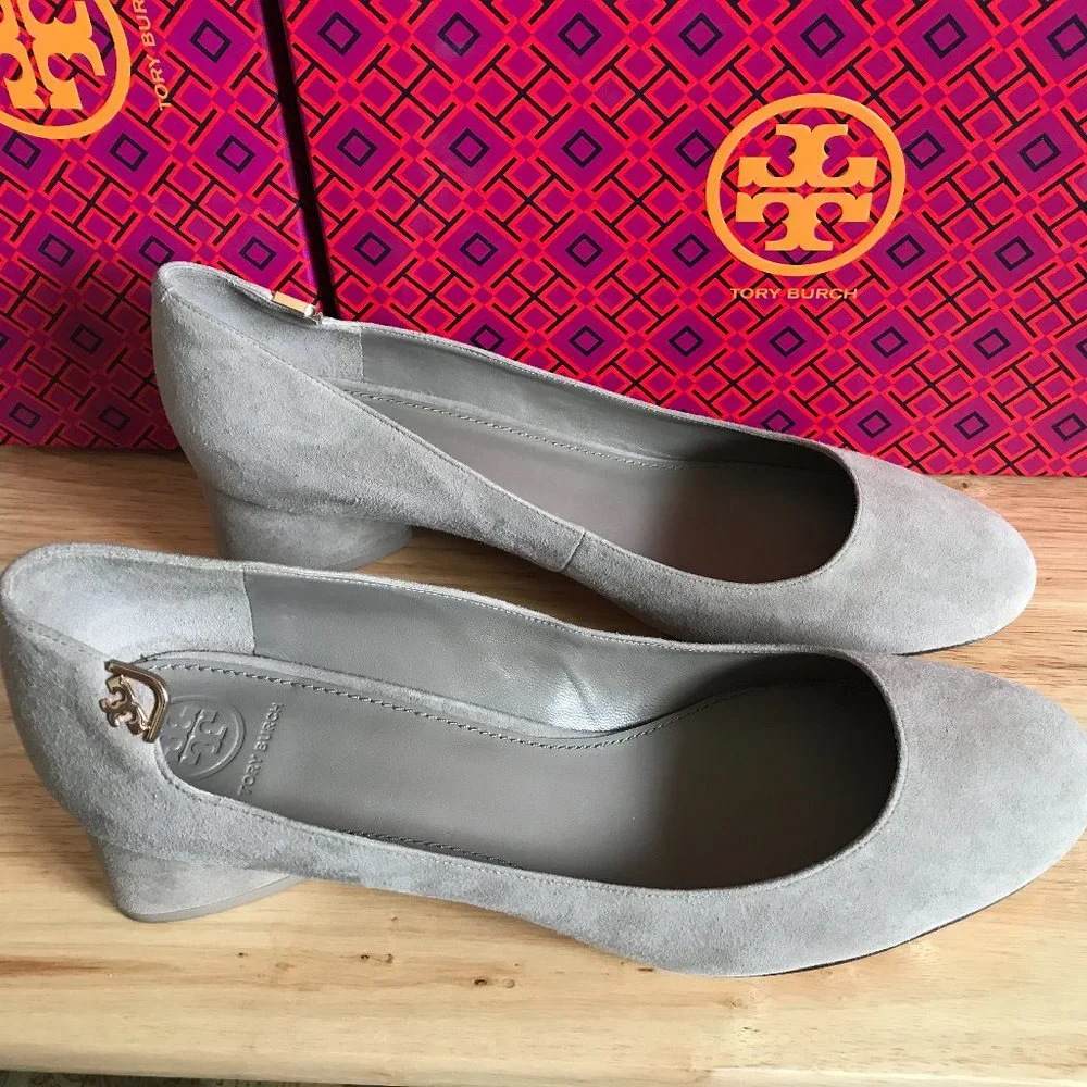 Tory Burch Gray Suede Block Heel Pumps